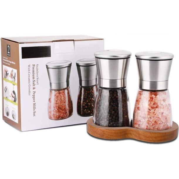 Salt and Pepper Grinder Set with Wooden Standing Tray, Refillable Pepper Mill Set - Brushed Stainless Steel - Short Glass Shakers with Adjustable Coarseness for Peppercorn, Salt or Spice Mills