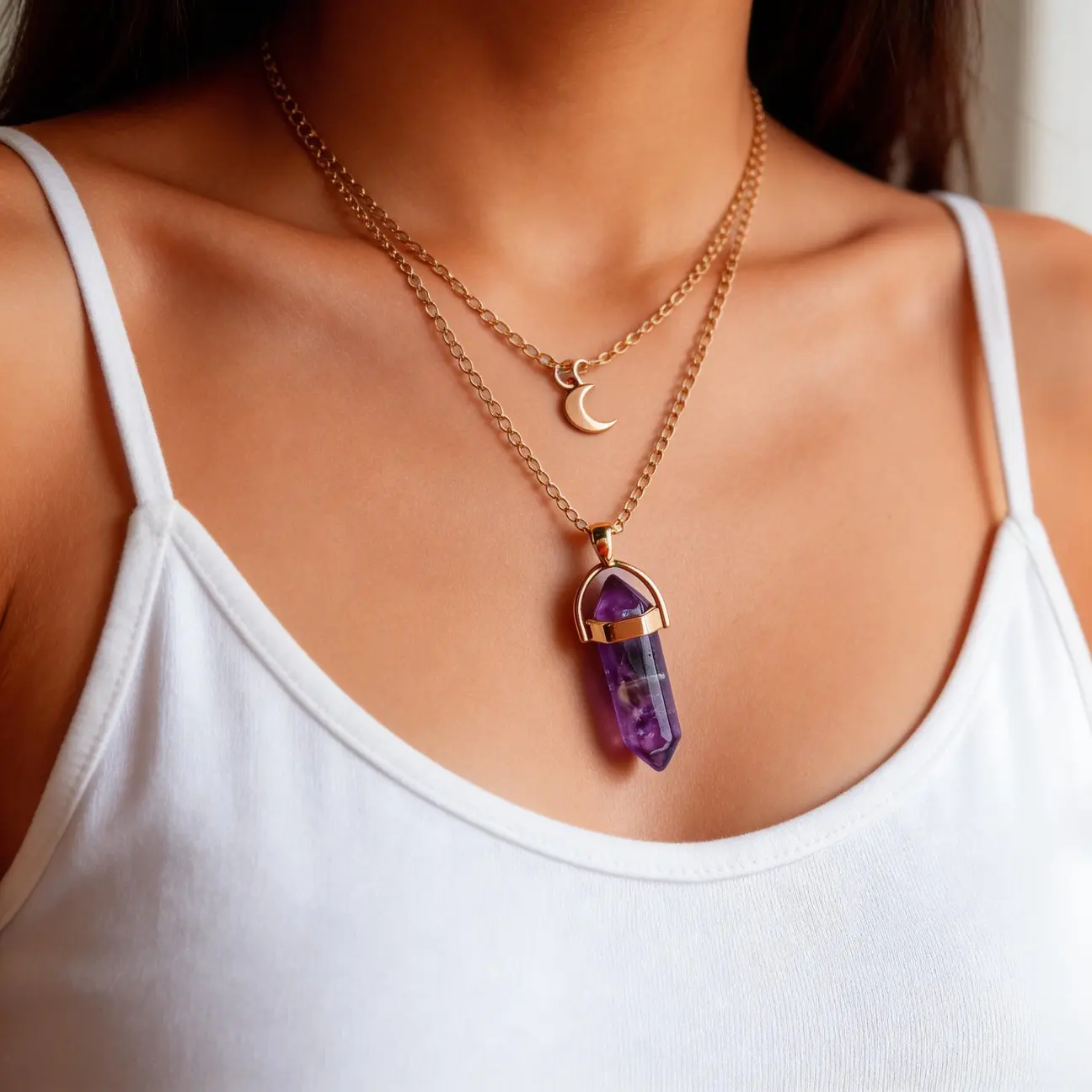 Crystal Healing Necklace | Moon Charm Layered Chain | Spiritual Amethyst Jewelry | Manifestation Gift Crystal Healing Necklace | Moon Charm Layered Chain | Spiritual Amethyst Jewelry | Manifestation Gift