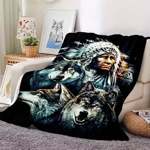 Vintage Indian Wolf Pattern Flannel Blanket SoftCasual Thermal Blanket Multipurpose OfficeThrow Outdoor Camping Travel Blanketmade inusa