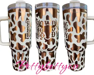 Howdy Tumbler  - Cowhide engraved Country Tumbler - 40oz tumbler with handle - Cow Print Tumbler - Copper Cream Longhorn Cow
