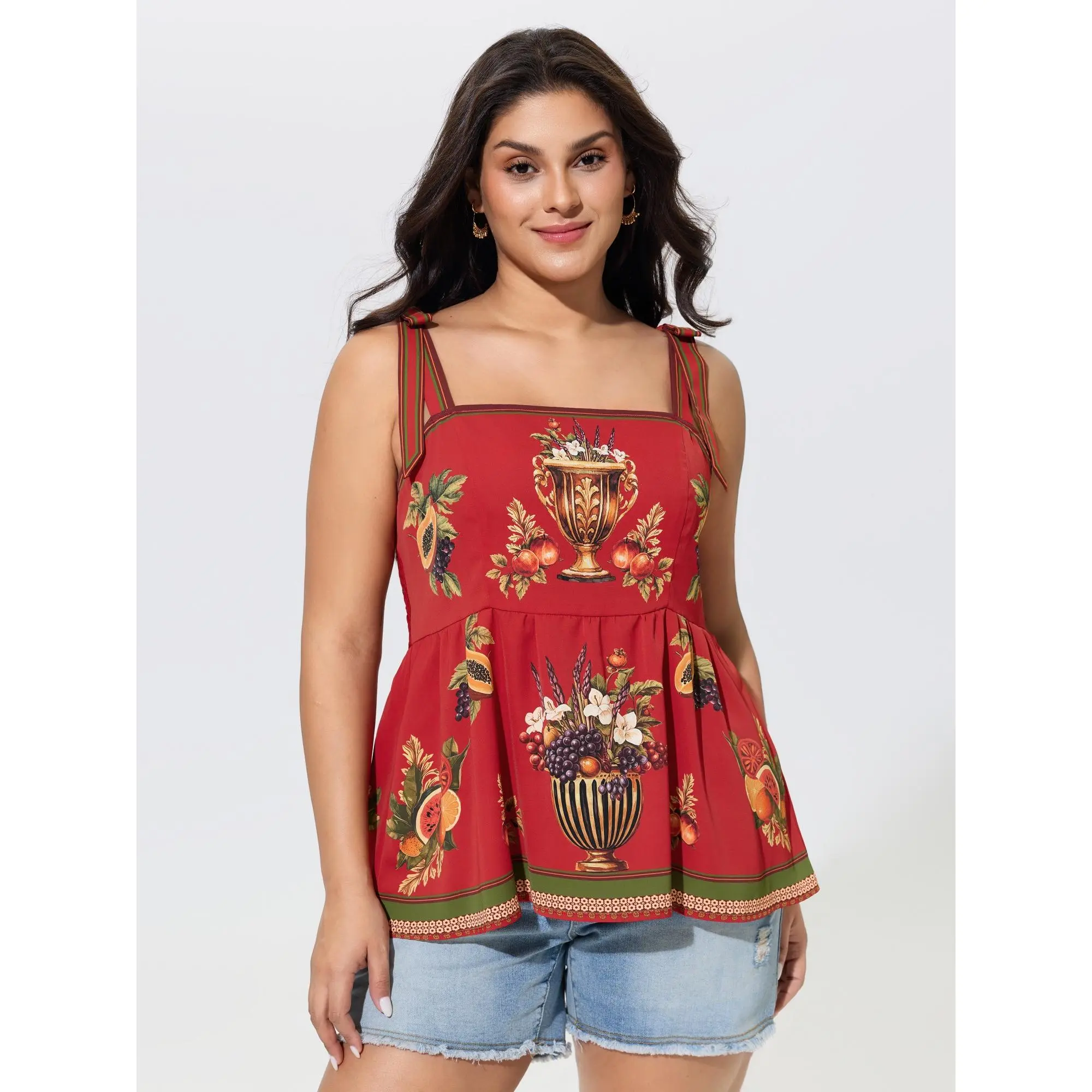 BloomChic Plus Size Vintage Fruit Print Bow Shoulder Strap Tank Top[M-6X] 2026 Summerfinds, Smooth, Garment, Sleeveless, Fabric