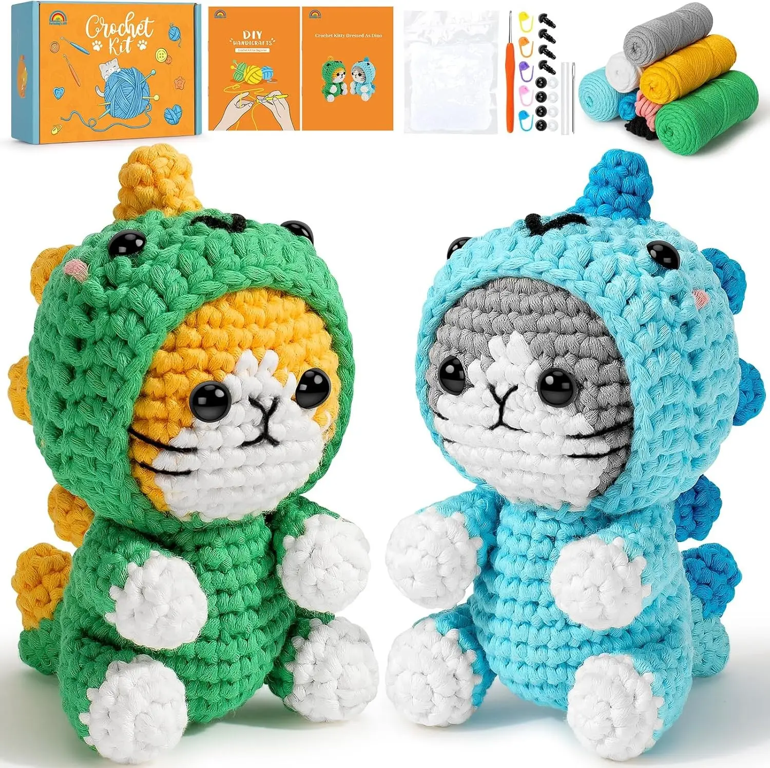 Fortuning's JDS Crochet Kit for Beginners, 2 Pack Dinosaur Cat Crochet Kit | Beginner Crochet Kit for Adults with Step-by-Step Video Tutorials, Complete Animal Crochet Starter Set with Easy Yarn Gift