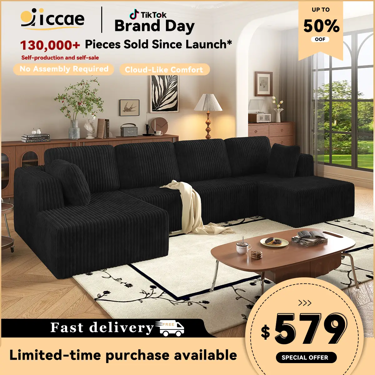 [3 Packages Shipping] Niccae 132'' U-shape modular corduroy sofa - modern and suitable for living room, comfortable，No Assembly Needed,Popular Bonel