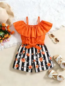 Girls' Ruffle Off Shoulder Romper, Floral Striped Print Colorblock Jumpsuit with Belt, Summer Vacation Party Outfit