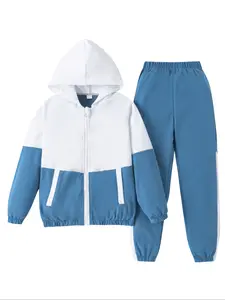 Boys' Colorblock Hooded Sweatshirt Set, 2-Piece Zipper Pullover, Casual Fall Clothing for Kids & Youth, Blue Design, Sweatpants