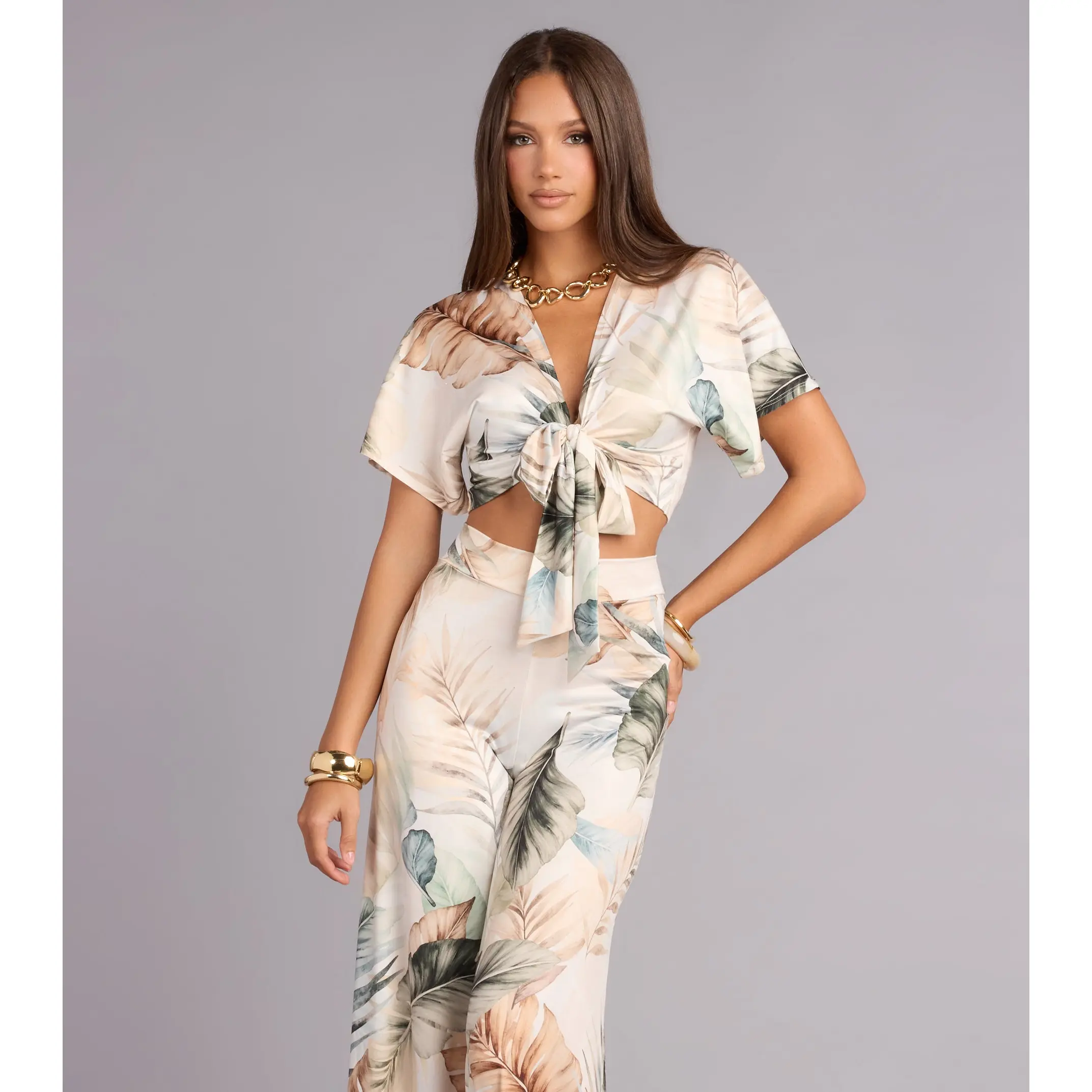 Getaway Mode Tropical Print Tie-Front Top