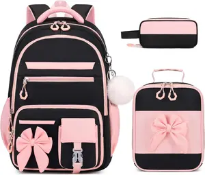 Backpack for Girls, 3 count Girls Backpack for School with Lunch Bag Pencil Case, Cute  Teens Bookbag for  Elementary  Middle School (Black-Pink)