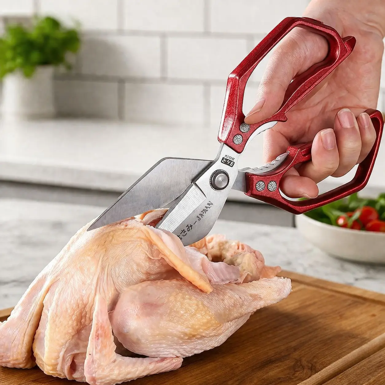 Heavy Duty Red Kitchenware Multi-Cutting Scissors - Ultra Sharp Wet-Ground Stainless Steel Blade, Durable Bone-Cutting Utensil with Safety Lock, Labor-Saving Tool for Home Cooks' Household Food Prep