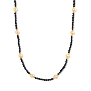 Golden Shell Pearl and Black Spinel 50.00 ctw Beaded Necklace in Goldtone 18-20 Inches Christmas Gifts
