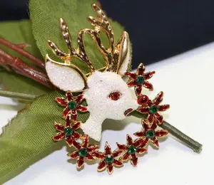 Rhinestone White Glitter Reindeer brooch  Pin , Christmas  Poinsettia Wreath Brooch,  Holiday Jewelry Gift
