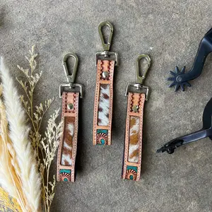 Turquoise Trails Tooled Leather & Cowhide Keychain – Silver Clip