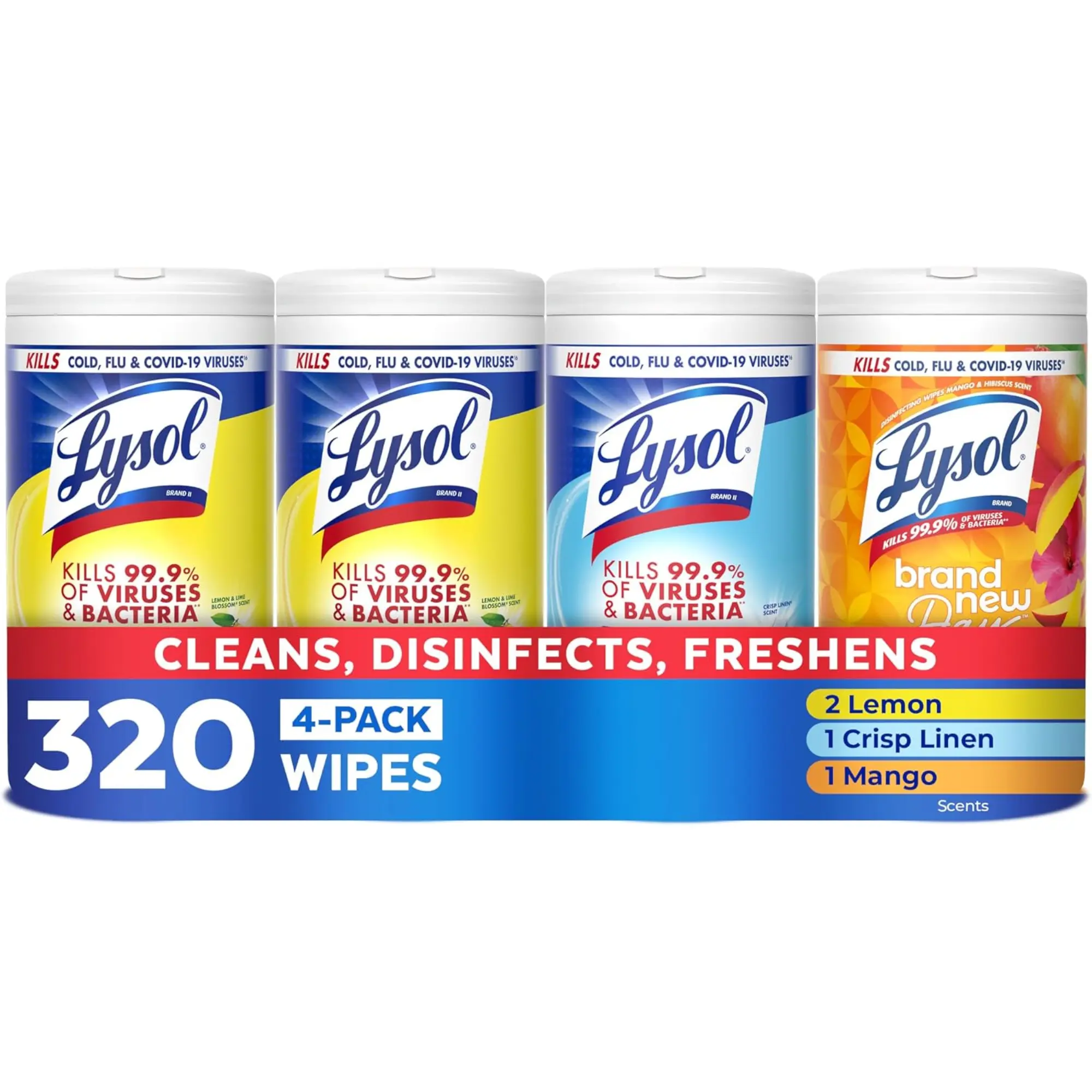 Lysol Disinfecting Wipes, Lemon + Mango + Linen Scent, 80 Ct (4 Pack) - All-Purpose Cleaning Wipes, Sanitizing, Deodorizing, Household Essentials, Back To School Supplies, Kitchen, Toilet, Stainless Surface Use