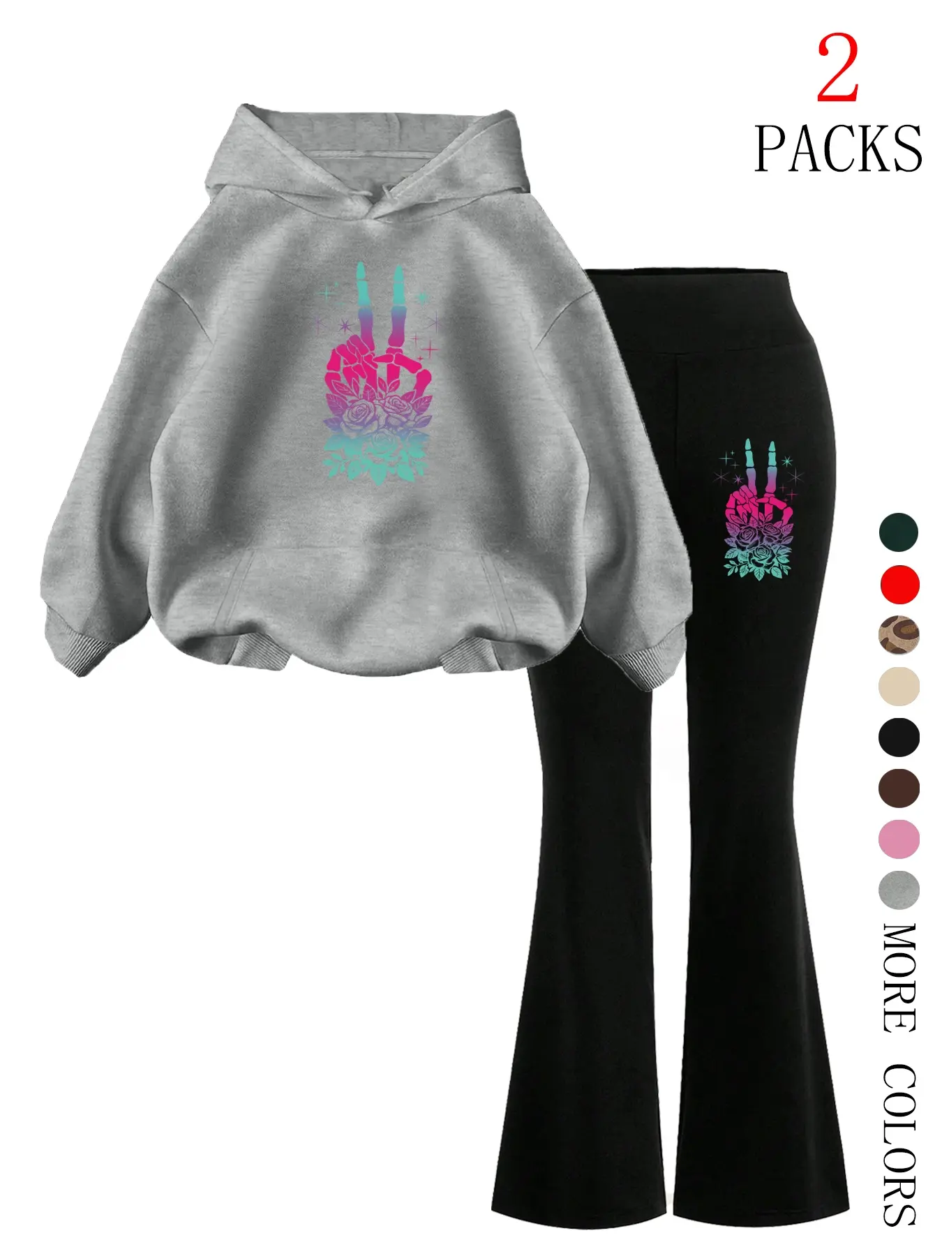 Women's Hooded Sweatshirt Set, Long Sleeve, Casual Halloween Skull Flower Print, Loose Fit Long Pants, Street Style, Daily Wear, Travel, Camping, Womenswear, Clothes