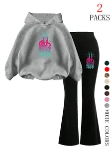 Women's Hooded Sweatshirt Set, Long Sleeve, Casual Halloween Skull Flower Print, Loose Fit Long Pants, Street Style, Daily Wear, Travel, Camping, Womenswear