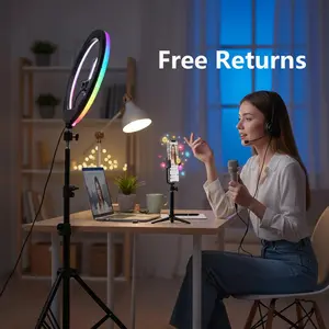 【Flash Sale】12" RGB portable video light with 43.3" Tripod Stand & 2 Phone Holder, LED Ring lights with Multiple RGB Colors Modes and 3 Brightness Dimmable for Makeup/Photography/Videos/Vlog/TikTok ring light glow content