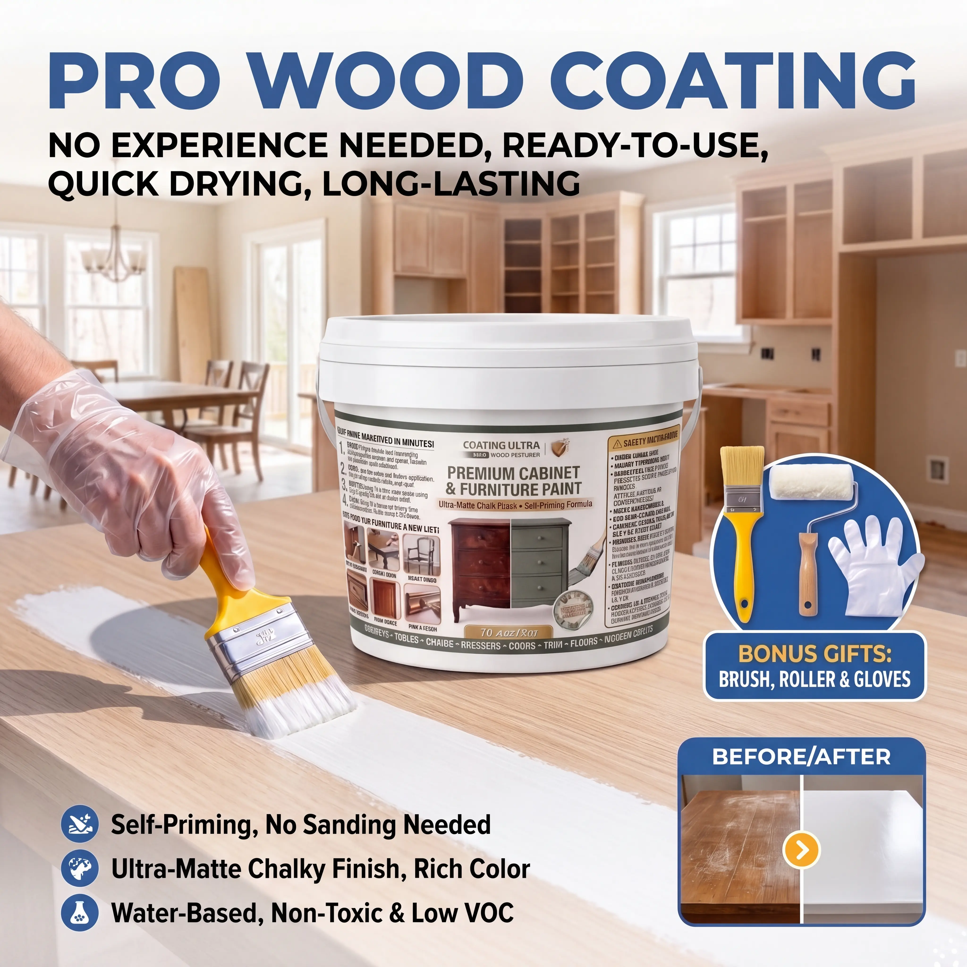 Water-Based Wood Furniture & Cabinet Paint, 2-in-1 Stain & Refinishing Coating for Wood Surfaces, No Sanding Required, Fast-Drying Matte Touch-Up Finish