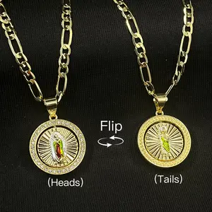 1Pcs San Judas and Virgin Mary Double-Sided Medal Pendant Necklace, 14K Gold Plated with Cubic Zirconia, Catholic Religious Jewelry, Includes One Chain with One Pendant