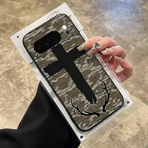 Rounded Edge TPU Phone Case for Google Pixel 10 9 8 7 Pro A XL Camouflage Cross Antlers Pattern Drop Protection Shockproof Soft Liquid Silicone Smartphone Cover
