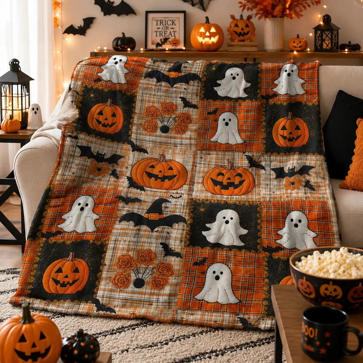Vintage Patchwork Plaid Halloween Blanket, Jack O'Lantern Ghost Witch Hat Bat Orange Grid Throw in Soft Flannel for Family Sofa and Bedroom, Retro Rustic Farmhouse Decor, October Styling and Halloween Home Decor Lovers