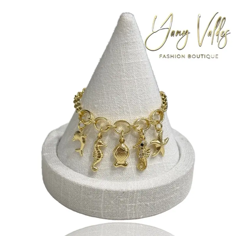 Sea Life Charm Bracelet Gold Plated, Marine Design with Multiple Charms