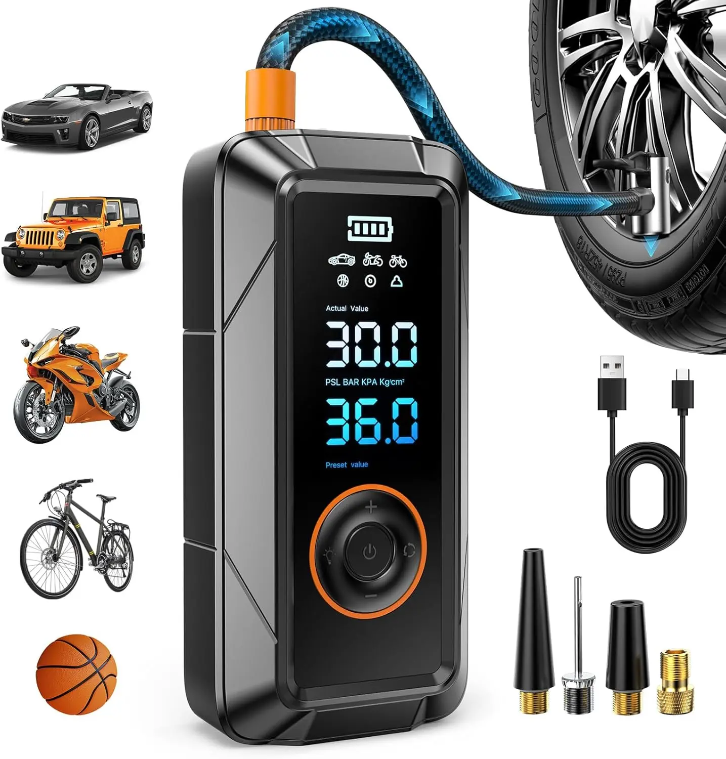Tire Inflator, & 12V DC Air Inflator for Car Bikes MotorcycleTires Balls with Auto Shut-Off, Pressure Gauge, Compact Emergency Pump