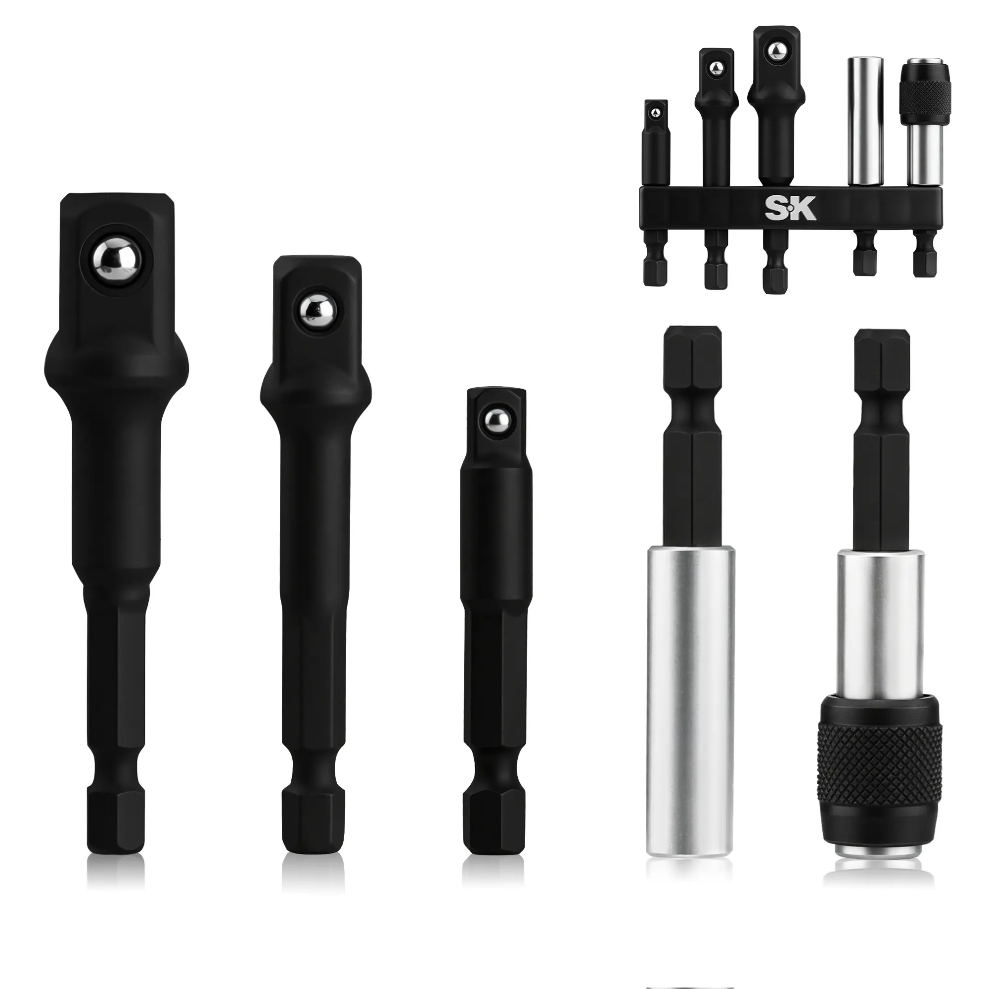 SK 5-Pack Impact Socket Adapter Set with Magnetic Drill Bit Holder 1/4", 3/8", 1/2" Drive, Screwdriver Bit Holders, 1/4'' Hex Shank for Power Drill, Impact Driver with Storage Holder