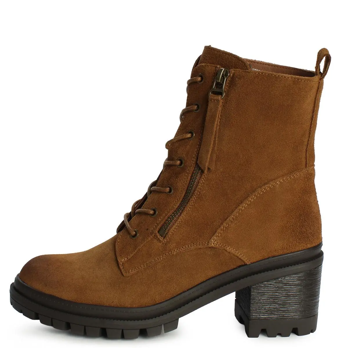 Women's Uno-02 Ankle Bootie - Cognac Faux Suede, Round Toe Heels, Block Heels, Lace-Up, Zipper Side, Casual Wear