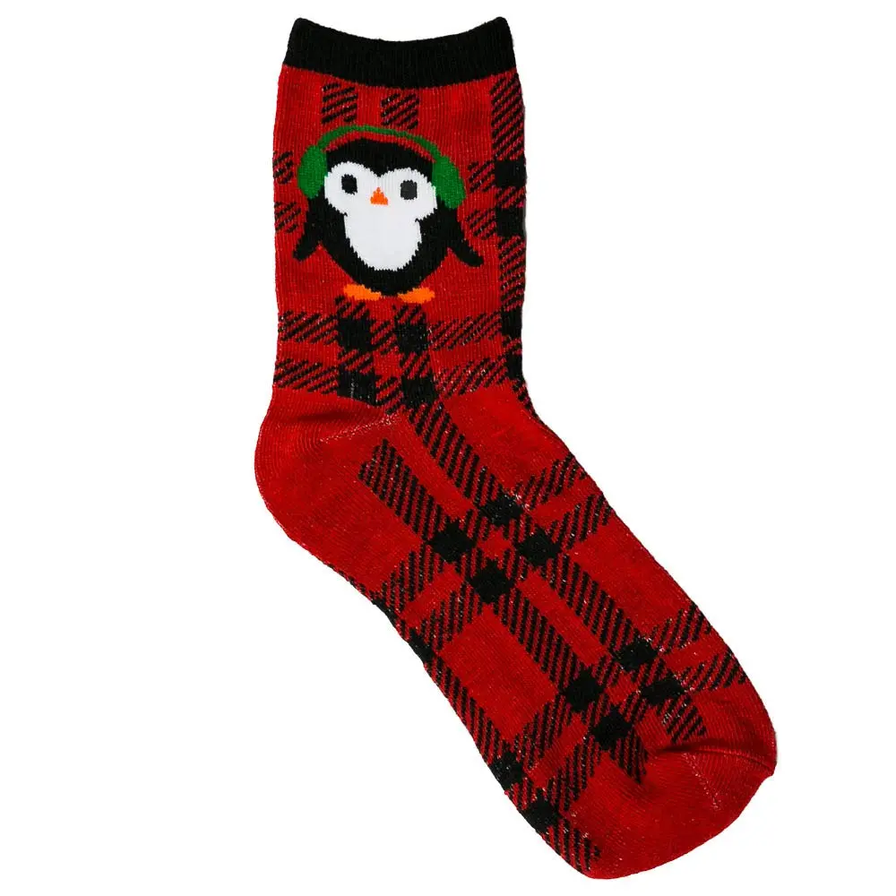 Women's Plaid Penguin Novelty Socks, Red Mid-Calf Crew Style with Comfortable Fit, Fun Animal Top for Gifting