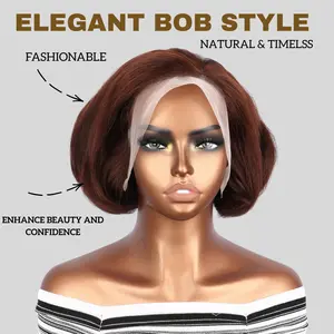 [French Curl Wig] QTHAIR Blowout Short Bob Straight 13X4 HD Lace Front Wig Chocolate Brown Wig Pre-Bleached Tiny Knots Pre-Styled C Part Design 100% Human Hair Wig for Black Women