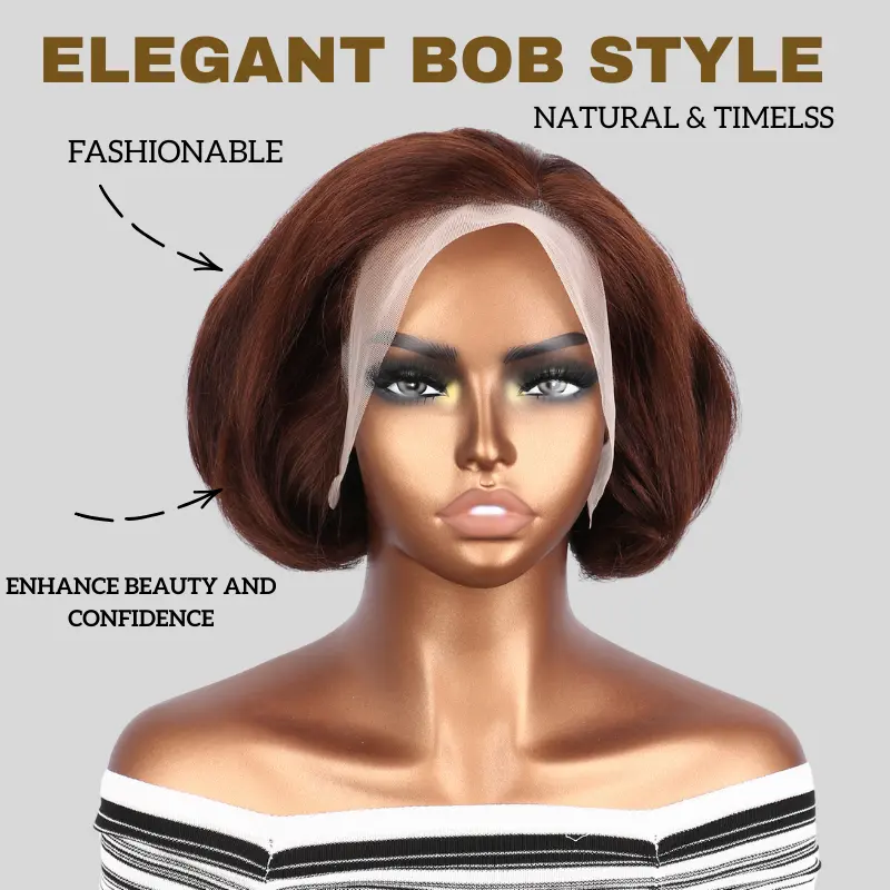 [French Curl Wig] QTHAIR Blowout Short Bob Straight 13X4 HD Lace Front Wig Chocolate Brown Wig Pre-Bleached Tiny Knots Pre-Styled C Part Design 100% Human Hair Wig for Black Women, Frontal Wig, Heat Resistant