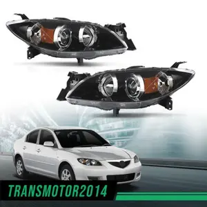 Fit For 2004-2009 Mazda 3 4-Door Sedan Amber Black Halogen Projector Headlights