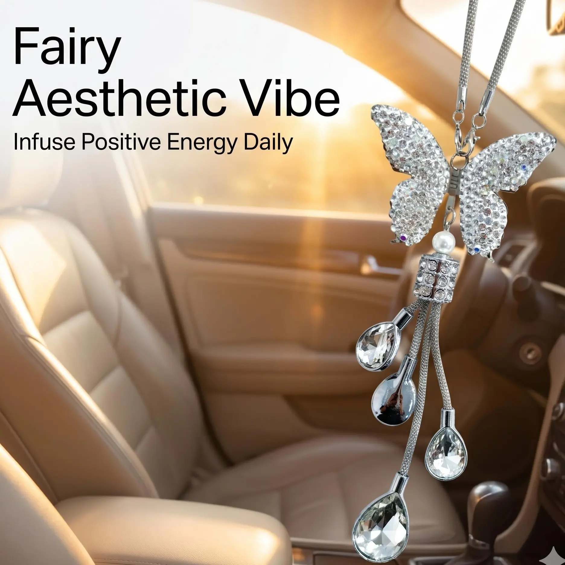 Silver White Sparkly Butterfly Car Charm, Shiny Crystal Hanging Ornament, Mother's Day Decoration Gift, Luxury Car Decor