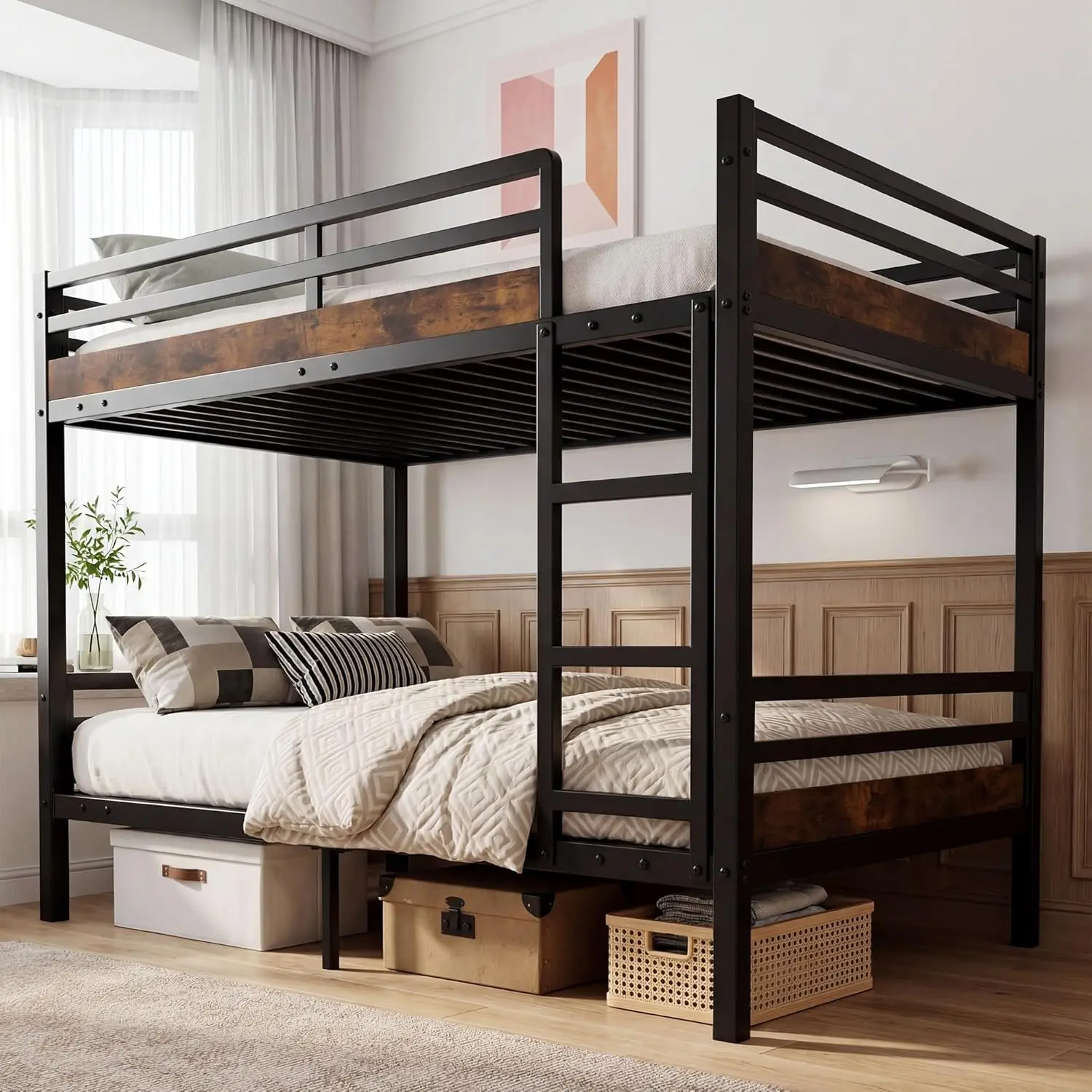 Metal Bunk Bed Twin Over Twin, 500lb Capacity Noise-Free with Safety Guardrails, Space-Saving Frame with Under Bed Storage, Black Brown