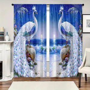 2pcs Elegant Peacock Print Curtains - Vibrant Blue & White on Seaside Scene, Light-Filtering Polyester Drapes with Rod Pocket Design for Bedroom, Living Room, Office Decor
