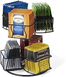 Rotating carousel -6 compartments, up to 60 tea bag storage, can rotate 360 degrees, modern black design, home or office kitchen counter storage box