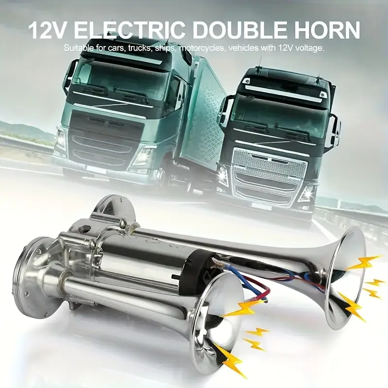 12V Plug-In Universal Dual Horns Air Horn Kit with Built-in Compressor - 130DB Loud Sound, Durable Chrome Finish, Easy DIY Installation, All Hardware Included - Vehicle Siren for Car, Truck, SUV, Horn Siren