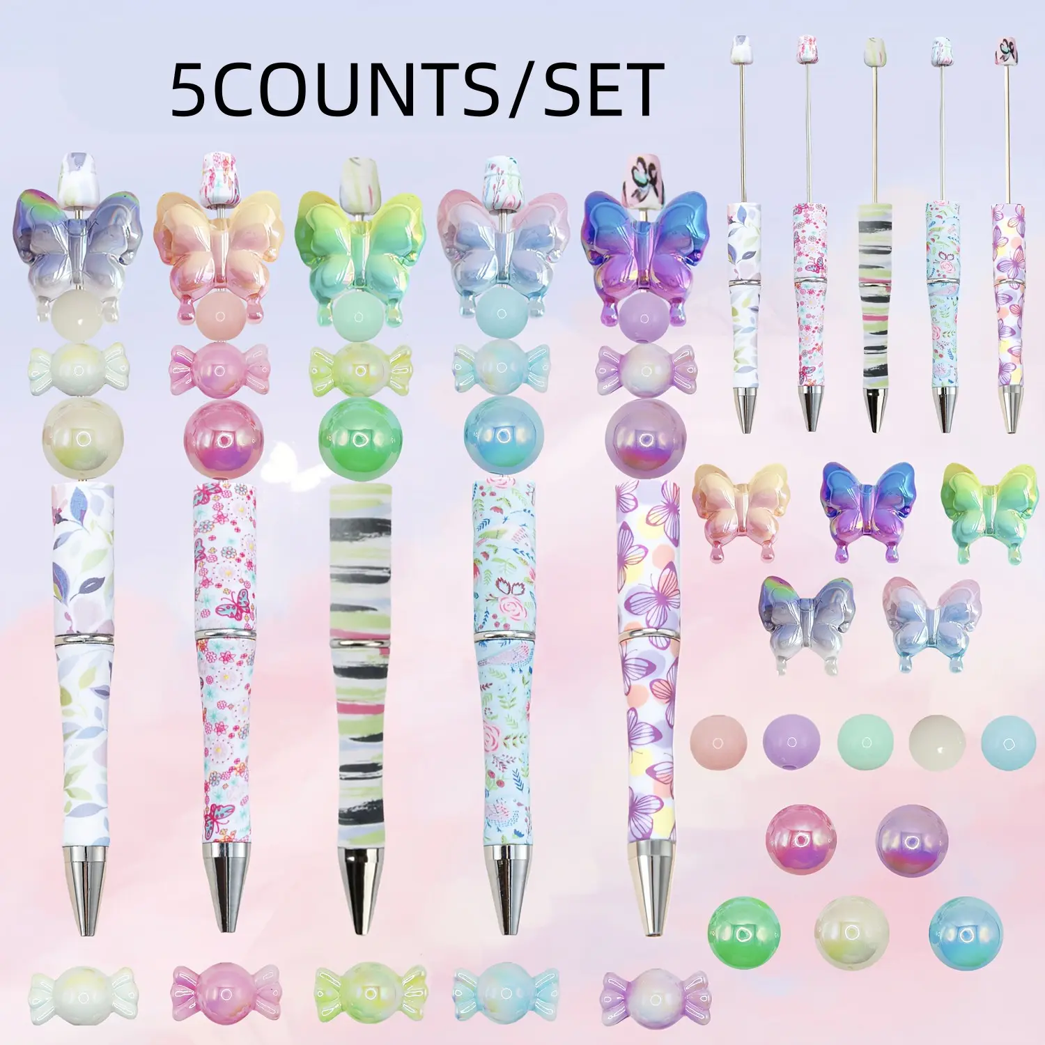 Butterfly & Candy Design Beaded Pen Set, 5/10pcs DIY Beaded Pen, Writing Pen for School Office Dormitory Home, Multi Purpose Pens, Glitter Ballpoint Pen, Set with Pen, Aesthetic Pens