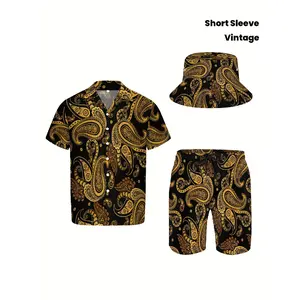 3pcs Men's Hawaiian Shirt And Short Set, Vintage Golden Paisley Flowers Soft Fabric Breathable Shirt Button Short Sleeve Casual Beach Shirts Outfits with Bucket Hats
