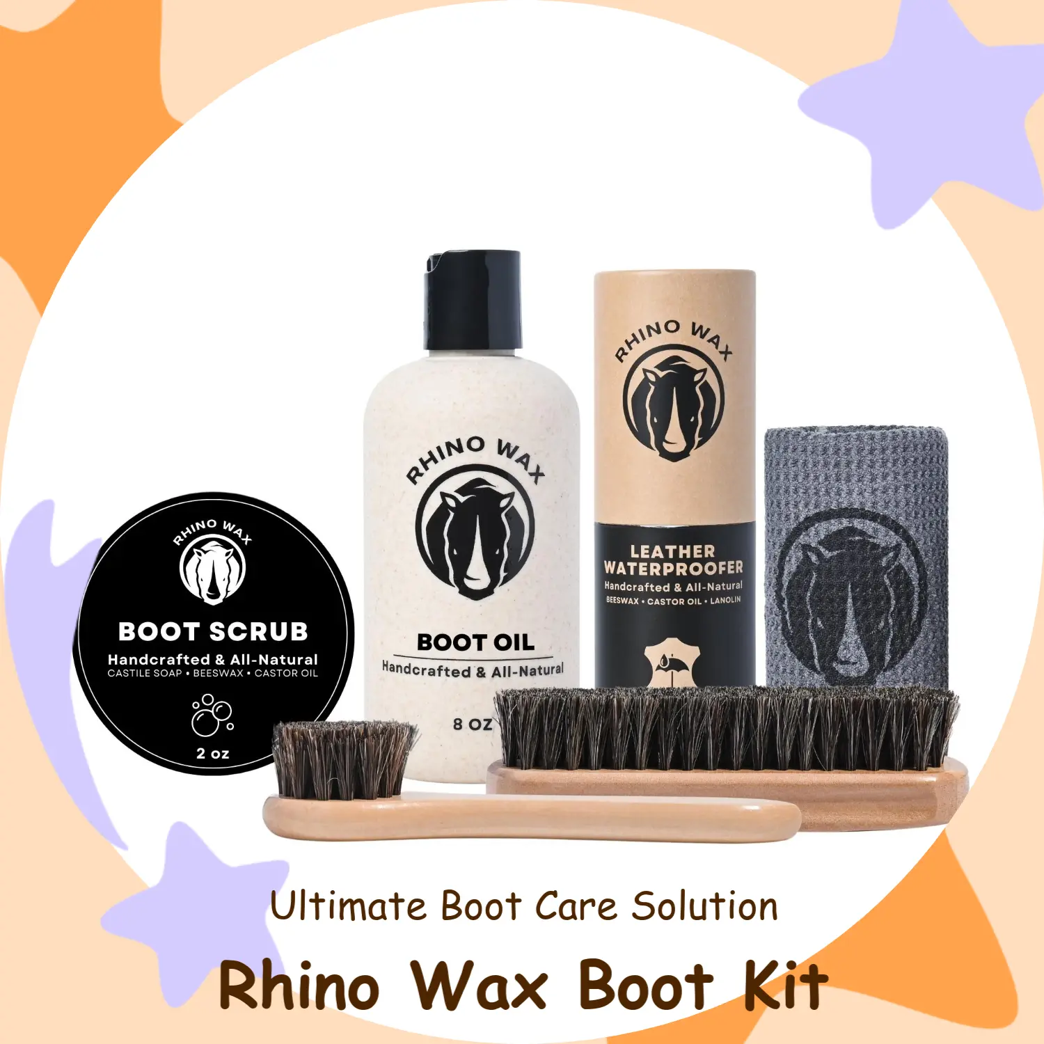 Rhino Wax - 6-piece Leather Boot Care Kit for Shoe and Footwear - Boot Scrub, Leather Boot Oil + Waterproofing Wax + Brushes + Microfiber Cloth
