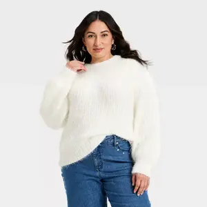 Women's Long Sleeve Crewneck Fuzzy Pullover Sweater - Ava & Viv