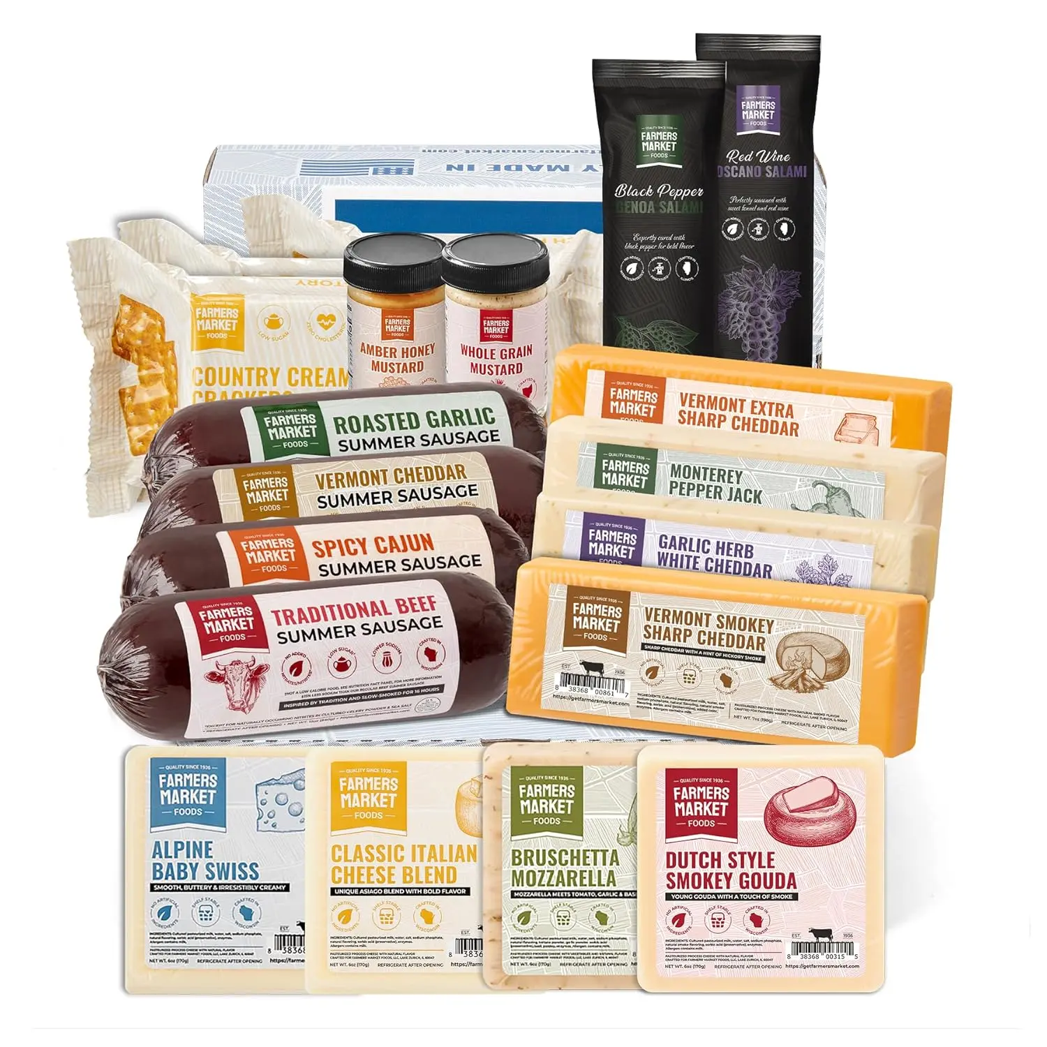 Farmers Market Foods Ultimate Charcuterie Collection Gift Box with All-Natural Summer Sausage, Premium Wisconsin Cheese, Salami, Crackers, and Whole Grain Mustard