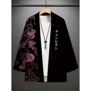 2025 Summer New Men's Japanese Letter Print Cashew Flower Short Sleeve Kimono Shirt Fashion Casual Polyester Quarter Uniform Clothing Menswear Workwear Gamis Vibe Fabric Black Wetsuit Stylish