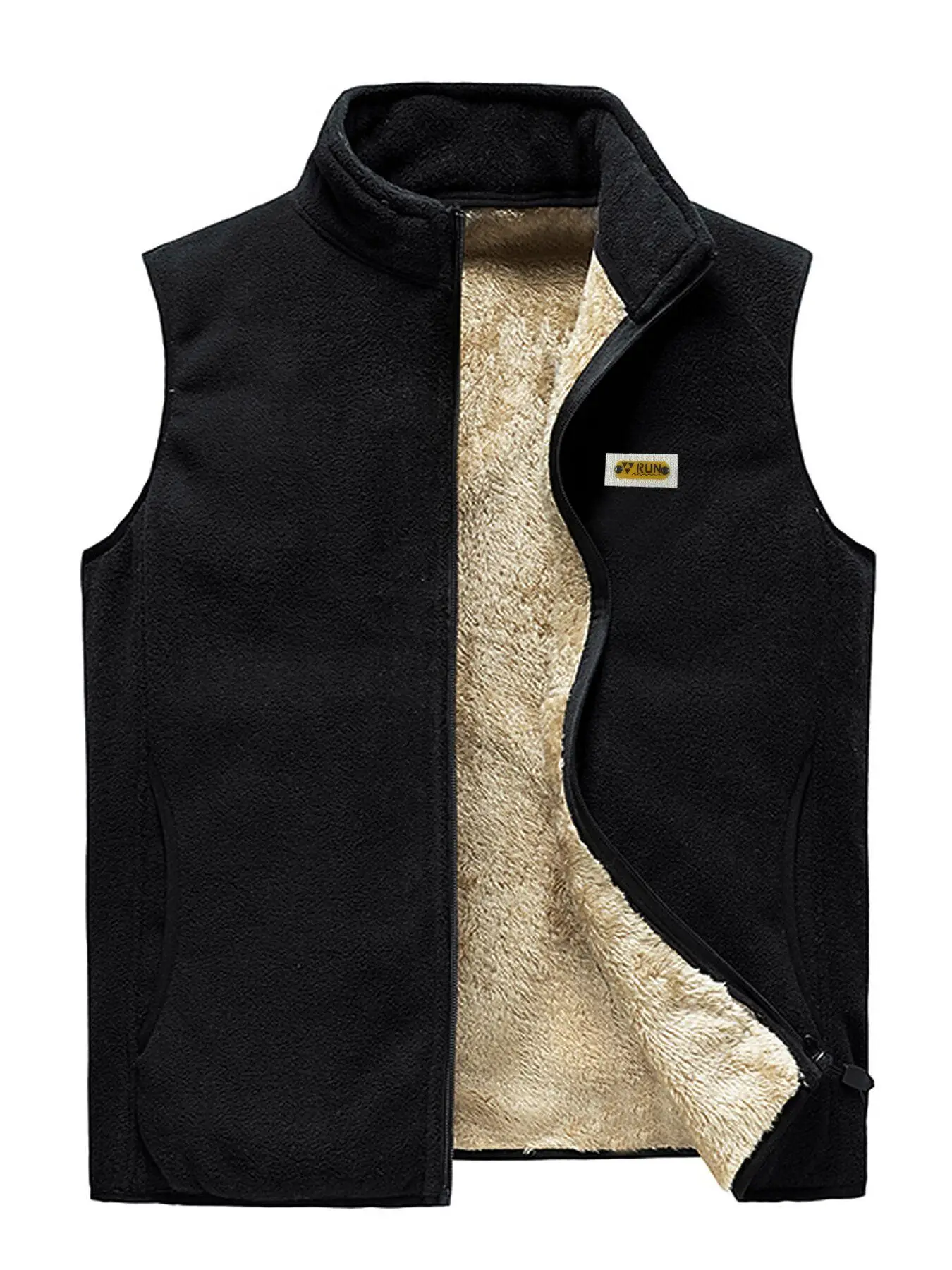 Men's Thermal Lined Zip Up Vest Jacket, Regular Fit Casual Sleeveless Stand Collar Coat, Patched Letter Winter Jacket, Streetwear, Easy To Care For, M