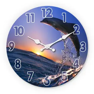 Ocean Theme Dolphin Sunset Wooden Wall Clock, 10-14 Inch Silent Clock, Aa Battery Powered, for Living Room, Bedroom, Office, Valentine's Day