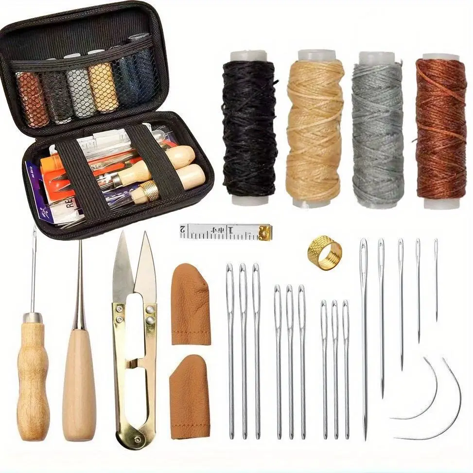 Leather Sewing Kit, Sewing Products, Leather Working Tools and Supplies, Large-Eye Stitching Needles, Waxed Thread, Leather Sewing Tools, Tape Measure, Sewing Accessories and Supplies