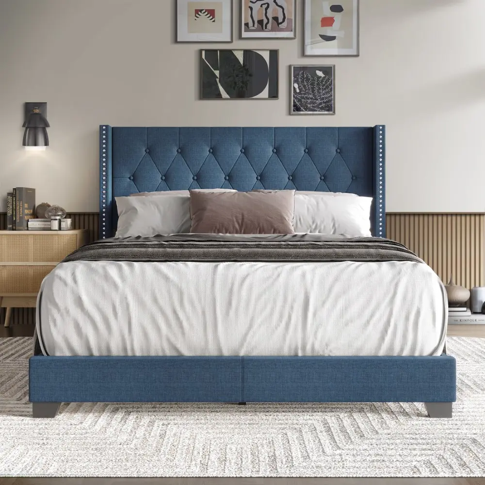 Glam Tufted Wingback Bed – Diamond Stitch, Nailhead Trim, Solid Wood Frame, Luxe Details