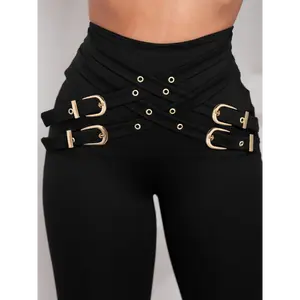 Casual Polyamide High-Waist Skinny Pants - Women's Cross-Back, Solid Color Knit Fabric, 75% Polyamide 25% Spandex, 200g/m², Perfect for Spring/Summer/Fall - K2576 spring outfits summer outfits