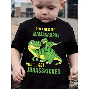 Don't Mess With Mamasaurus" – T-Rex Print Cotton Tee for Boys Cute | Casual | Round Neck | Short Sleeve | Versatile Perfect for the little dino who has his mama's back