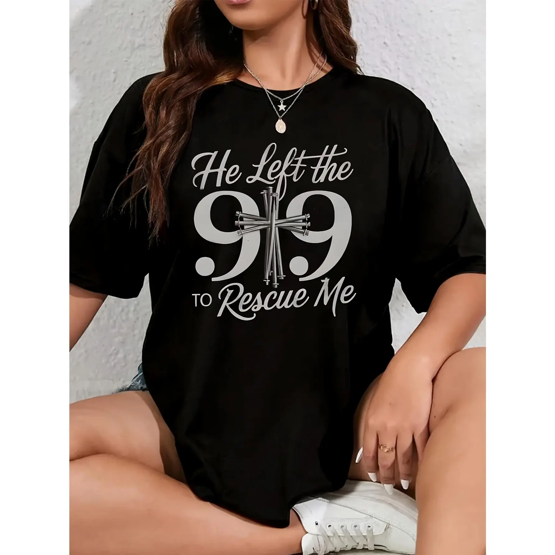 Women's Plus Size T-Shirt, Casual Loose-fitting Clothes with a Funny "He Left the 99 to Rescue Me" Slogan, Plus Size Basics, Crew Neck, Oversize, Tops, Baggy, Polyester, Round Neck, Printed Slogan, Graphic, Short Sleeves