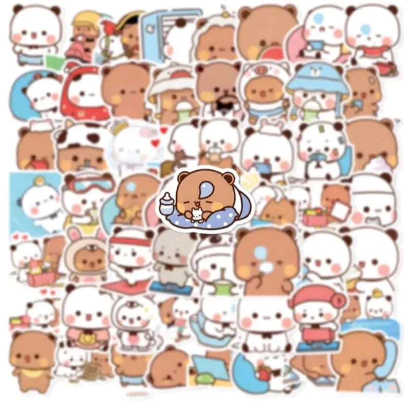 62 pcs Bubu and Dudu Cute Bear Couple Stickers | Cartoon Anime Characters DIY Fashion Waterproof Doodle Decals Stickers